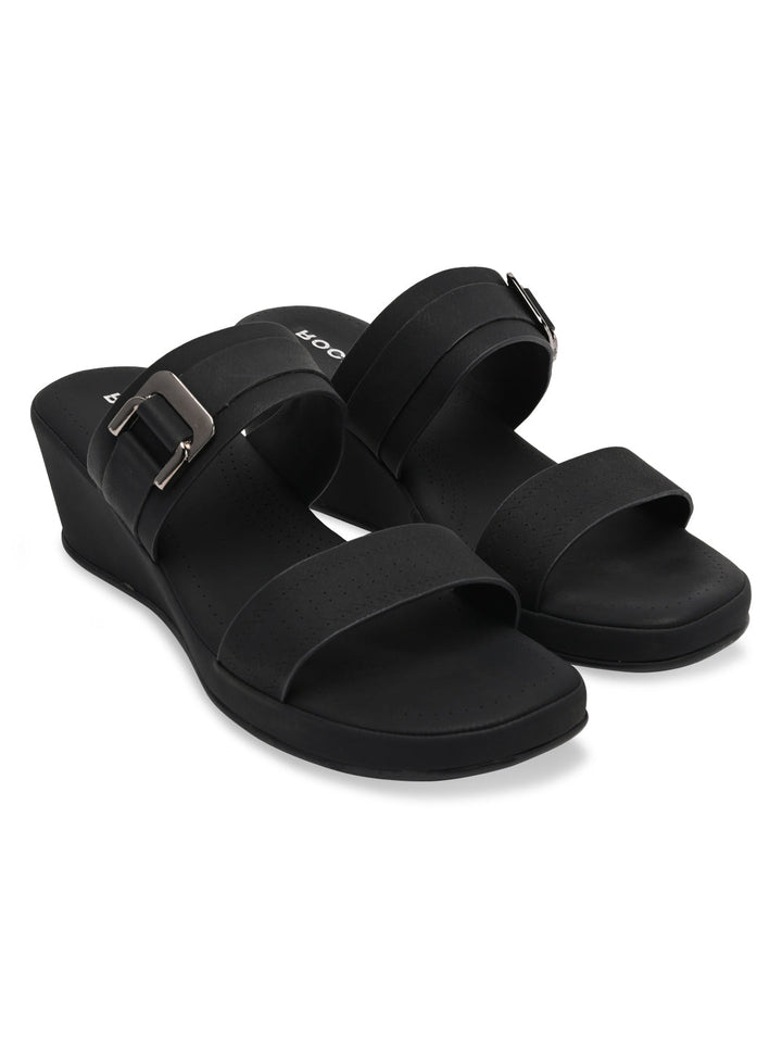 Rocia By Regal Black Women Classy Buckled Wedges
