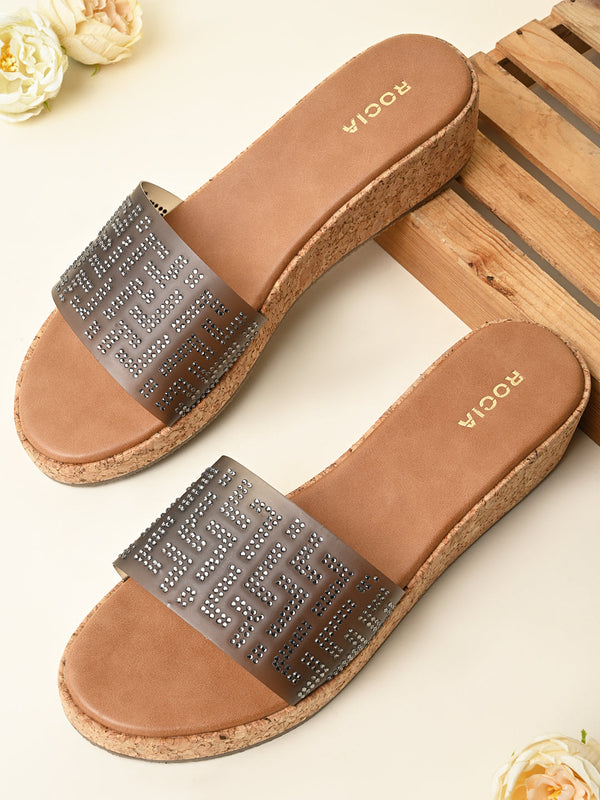 Rocia By Regal Gun Metal Women Vinyl Diamond Studded Sliders