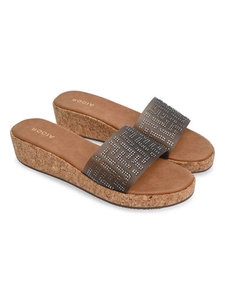 Rocia By Regal Gun Metal Women Vinyl Diamond Studded Sliders