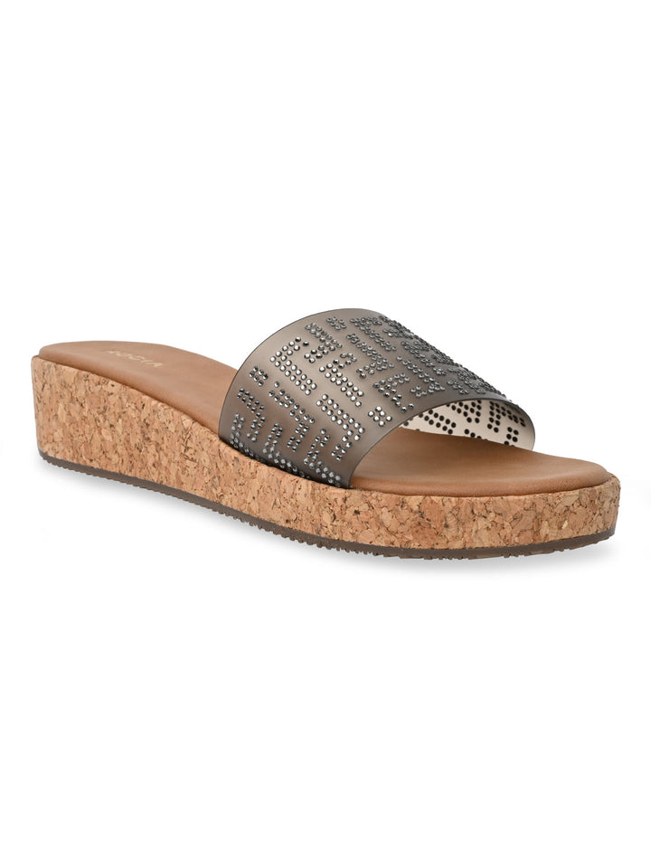 Rocia By Regal Gun Metal Women Vinyl Diamond Studded Sliders
