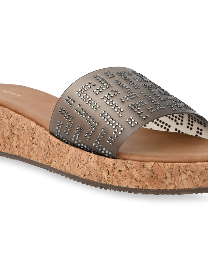 Rocia By Regal Gun Metal Women Vinyl Diamond Studded Sliders