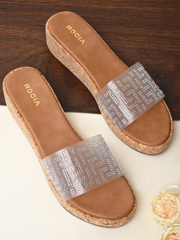 Rocia By Regal Silver Women Vinyl Diamond Studded Sliders