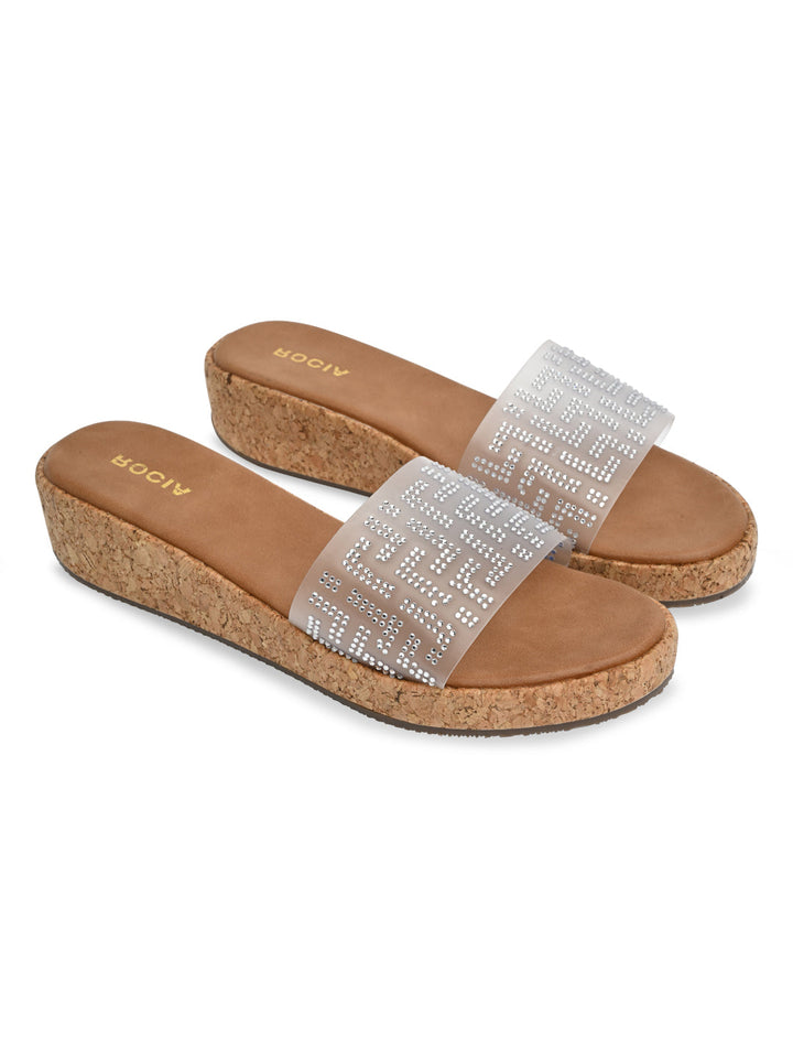 Rocia By Regal Silver Women Vinyl Diamond Studded Sliders