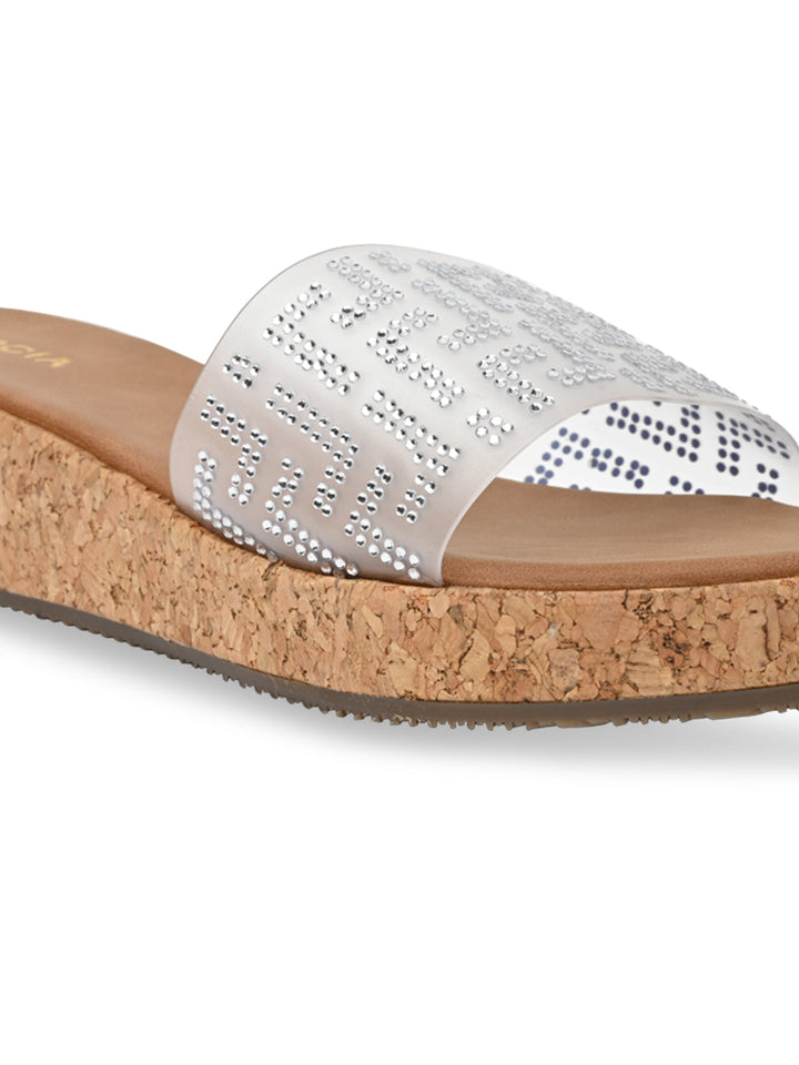 Rocia By Regal Silver Women Vinyl Diamond Studded Sliders