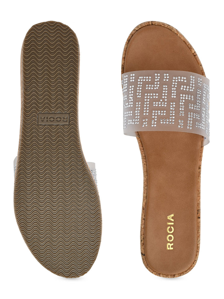 Rocia By Regal Silver Women Vinyl Diamond Studded Sliders