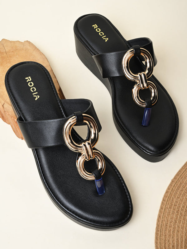 Rocia By Regal Black Women Casual Gold Buckled Wedges