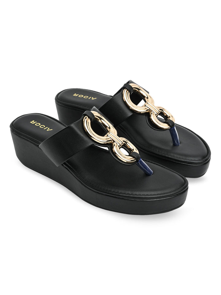 Rocia By Regal Black Women Casual Gold Buckled Wedges