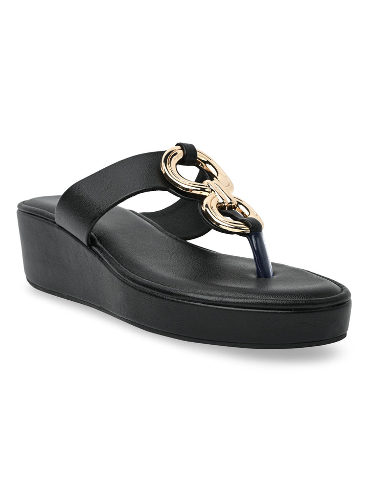 Rocia By Regal Black Women Casual Gold Buckled Wedges