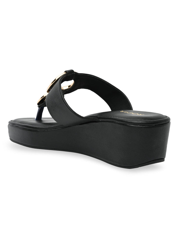 Rocia By Regal Black Women Casual Gold Buckled Wedges
