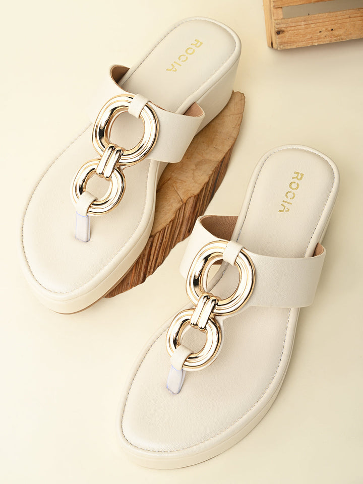 Rocia By Regal Cream Women Casual Gold Buckled Wedges