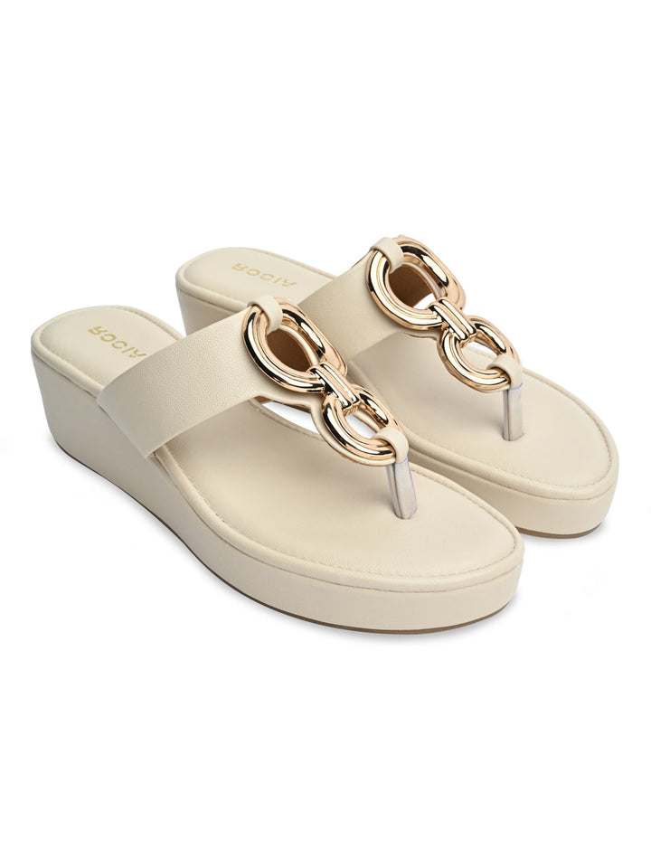 Rocia By Regal Cream Women Casual Gold Buckled Wedges