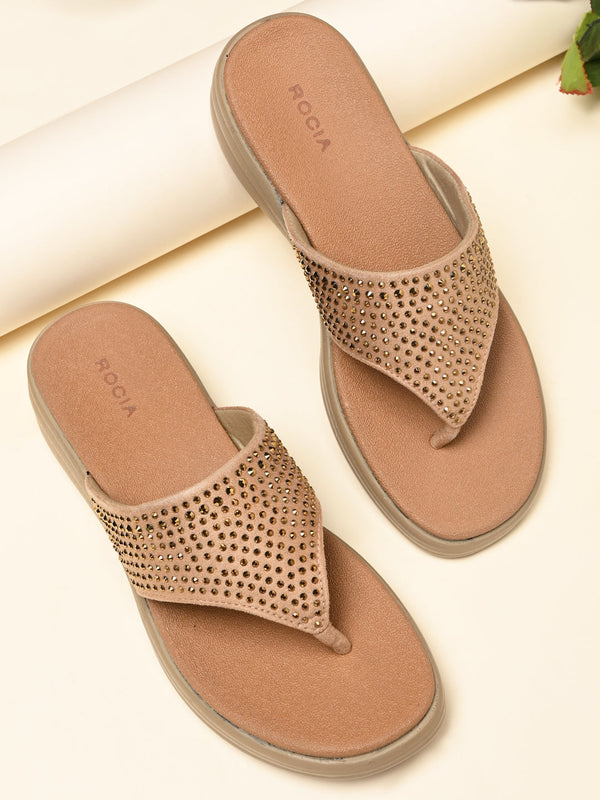 Rocia By Regal Beige Women Diamante Studded Comfort Wedges