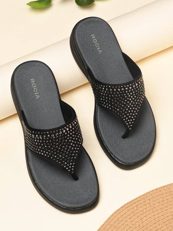 Rocia By Regal Black Women Diamante Studded Comfort Wedges