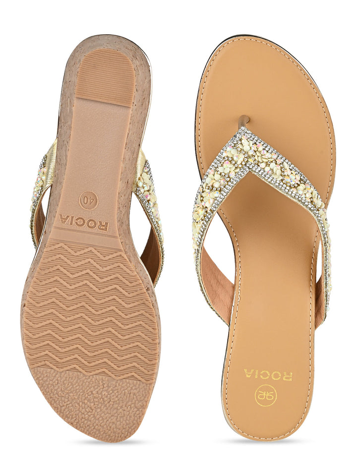Rocia By Regal Gold Women Embroidered Thong Wedges