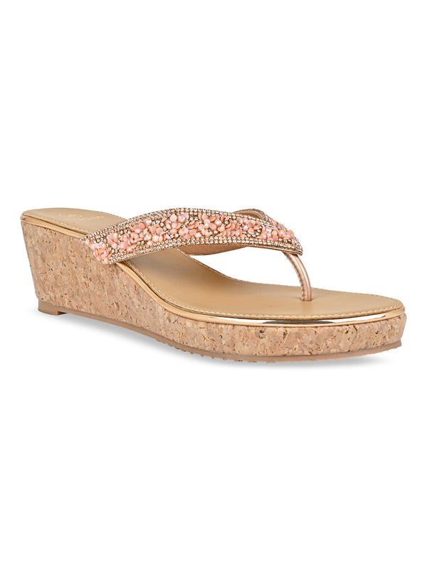 Rocia By Regal Rose Gold Women Embroidered Thong Wedges