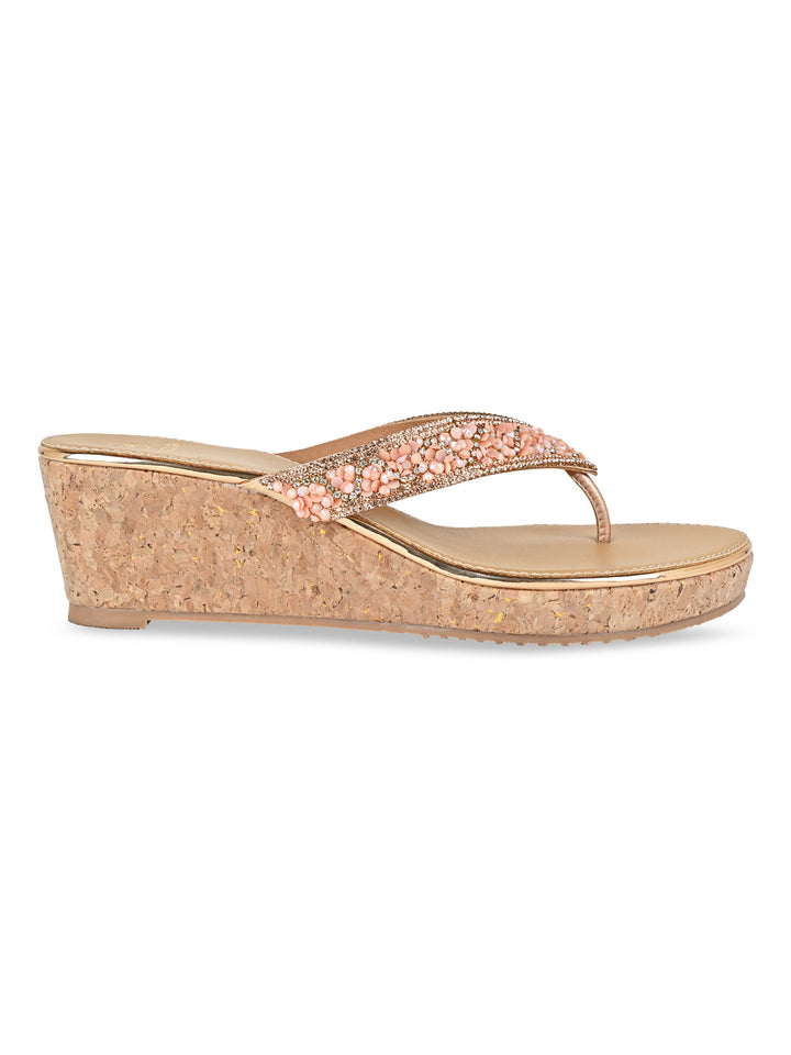 Rocia By Regal Rose Gold Women Embroidered Thong Wedges