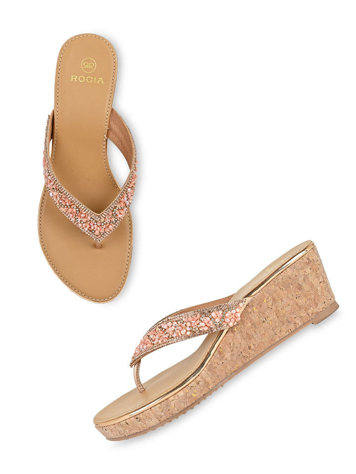 Rocia By Regal Rose Gold Women Embroidered Thong Wedges