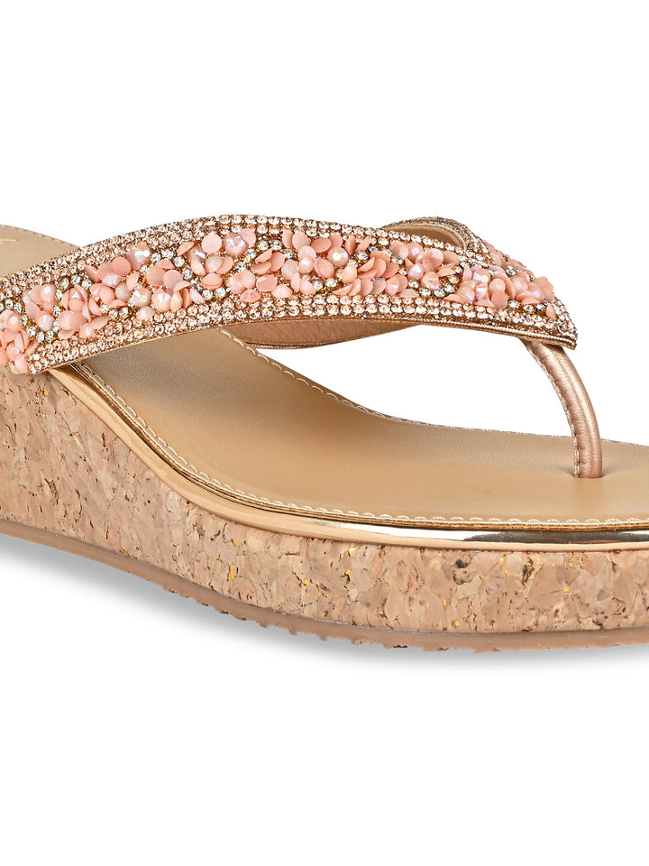Rocia By Regal Rose Gold Women Embroidered Thong Wedges