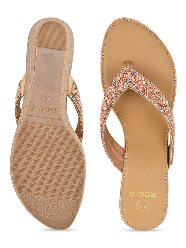 Rocia By Regal Rose Gold Women Embroidered Thong Wedges