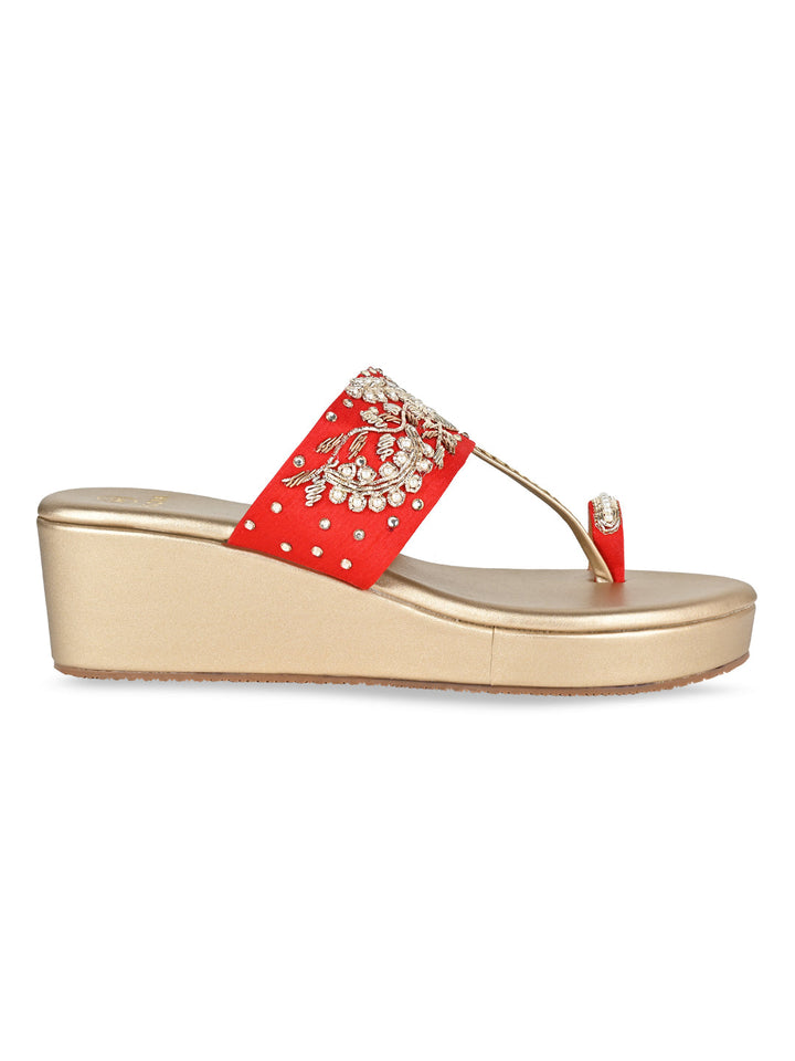 Rocia By Regal Red Women Hand Embroidered Wedges