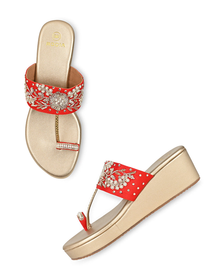 Rocia By Regal Red Women Hand Embroidered Wedges