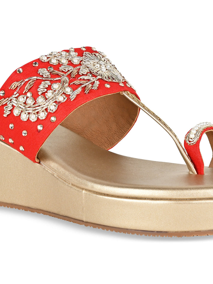 Rocia By Regal Red Women Hand Embroidered Wedges