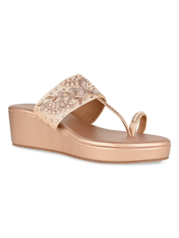 Rocia By Regal Rose Gold Women Hand Embroidered Wedges