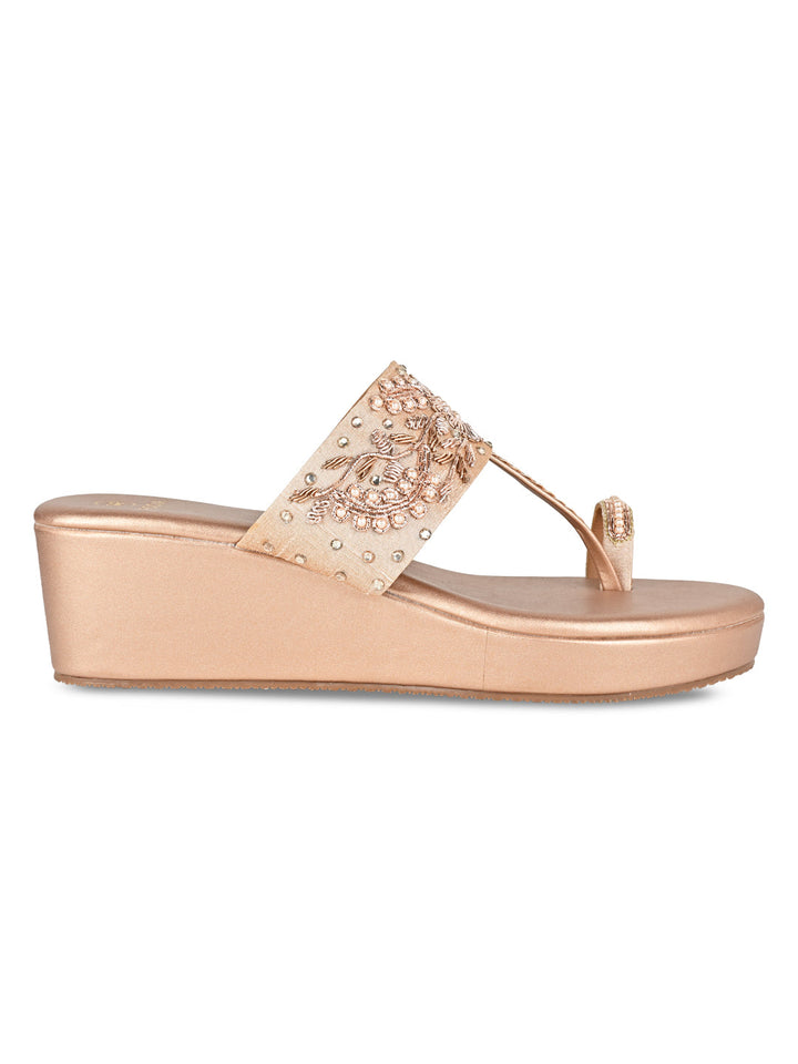 Rocia By Regal Rose Gold Women Hand Embroidered Wedges