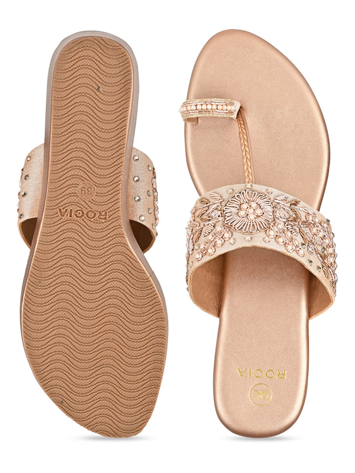 Rocia By Regal Rose Gold Women Hand Embroidered Wedges
