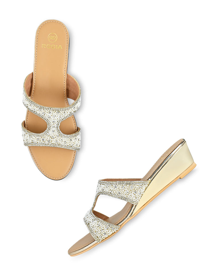 Rocia By Regal Gold Women Hand Embroidered Wedges