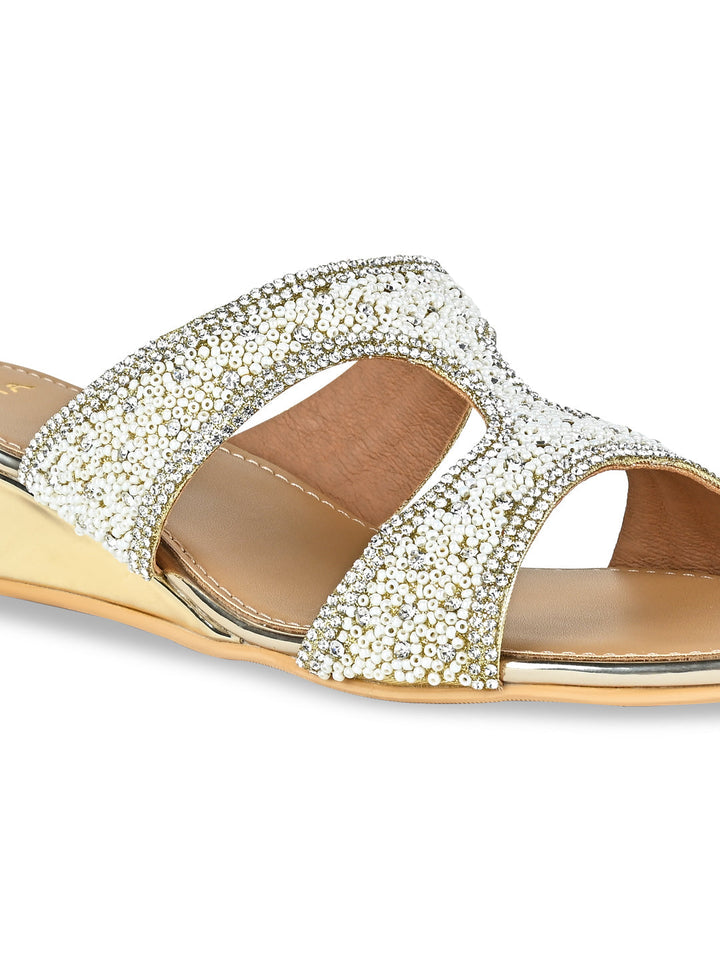 Rocia By Regal Gold Women Hand Embroidered Wedges