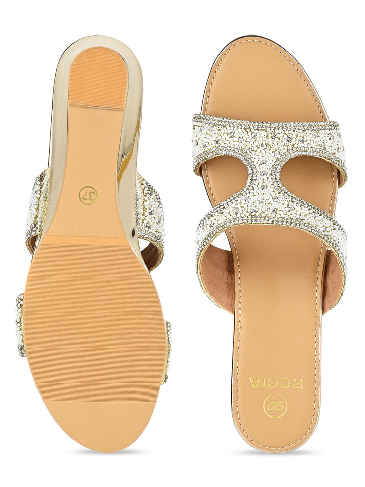 Rocia By Regal Gold Women Hand Embroidered Wedges