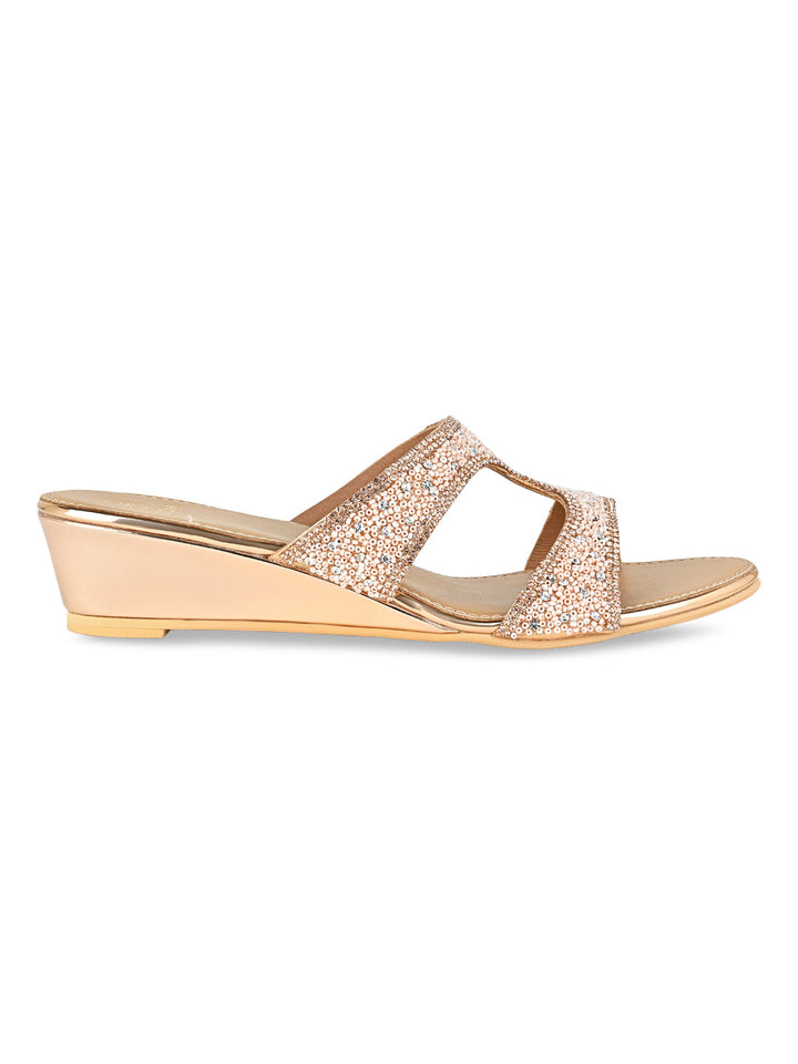 Rocia By Regal Rose Gold Women Hand Embroidered Wedges