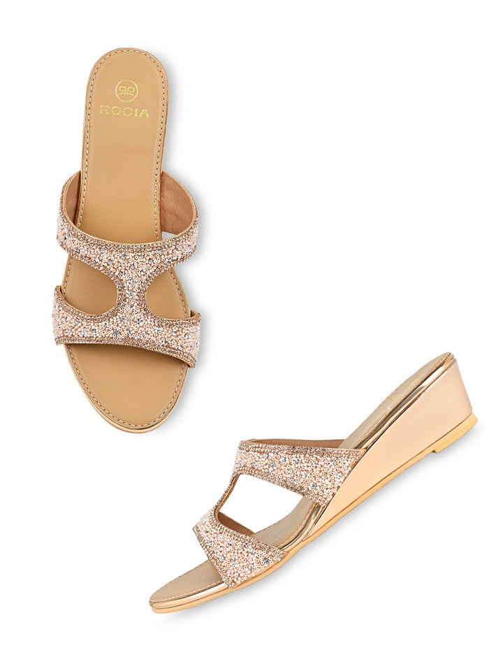 Rocia By Regal Rose Gold Women Hand Embroidered Wedges