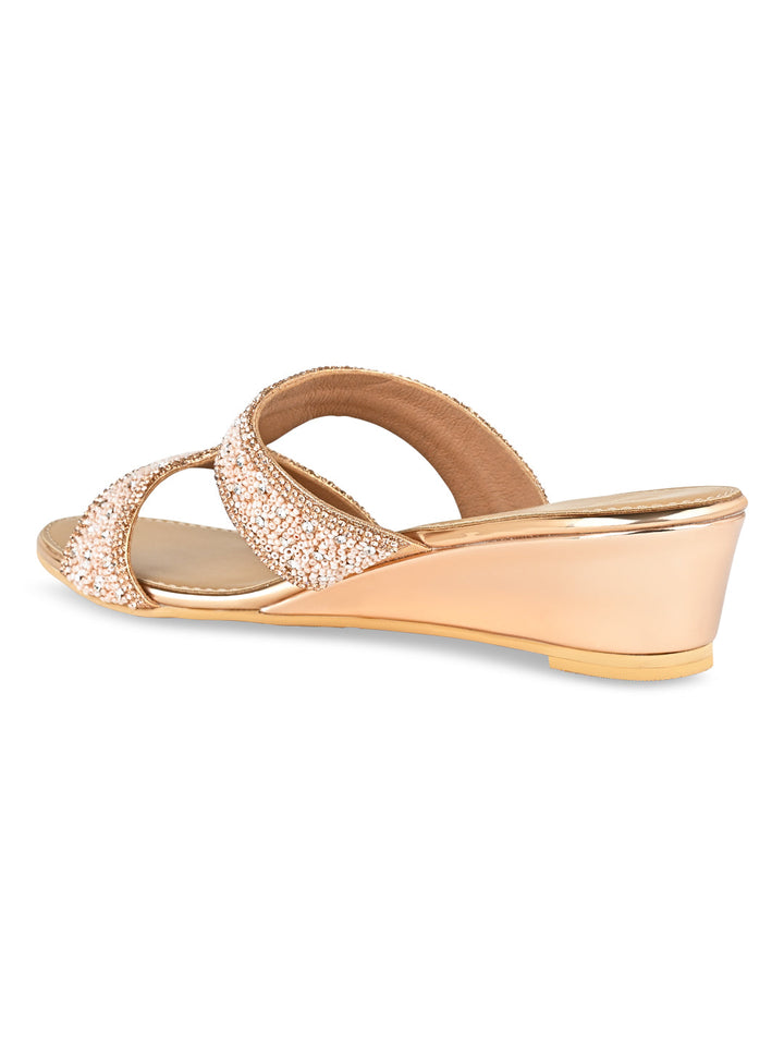 Rocia By Regal Rose Gold Women Hand Embroidered Wedges