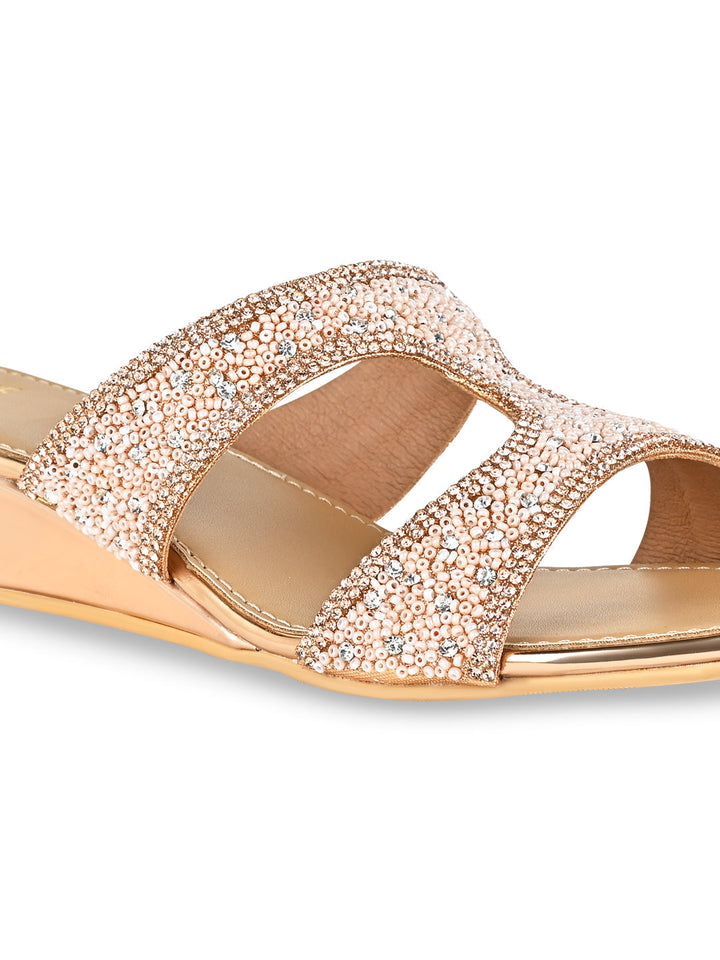 Rocia By Regal Rose Gold Women Hand Embroidered Wedges