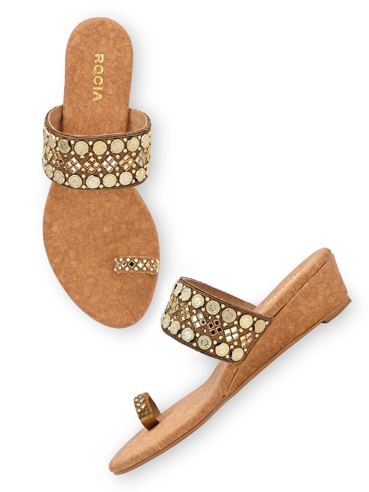 Rocia By Regal Antique Gold Women Hand Embroidered Ethnic Wedges