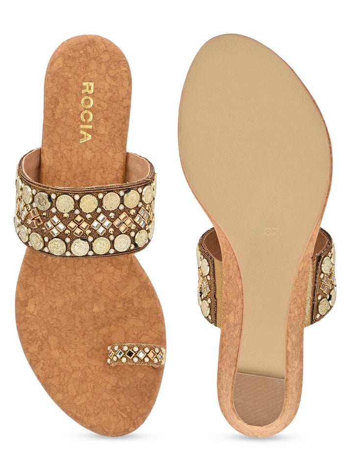 Rocia By Regal Antique Gold Women Hand Embroidered Ethnic Wedges