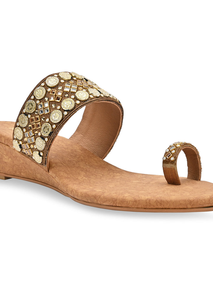 Rocia By Regal Antique Gold Women Hand Embroidered Ethnic Wedges