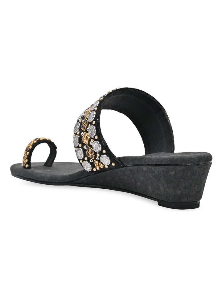 Rocia By Regal Black Women Hand Embroidered Ethnic Wedges