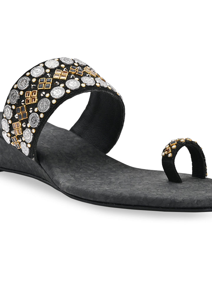 Rocia By Regal Black Women Hand Embroidered Ethnic Wedges