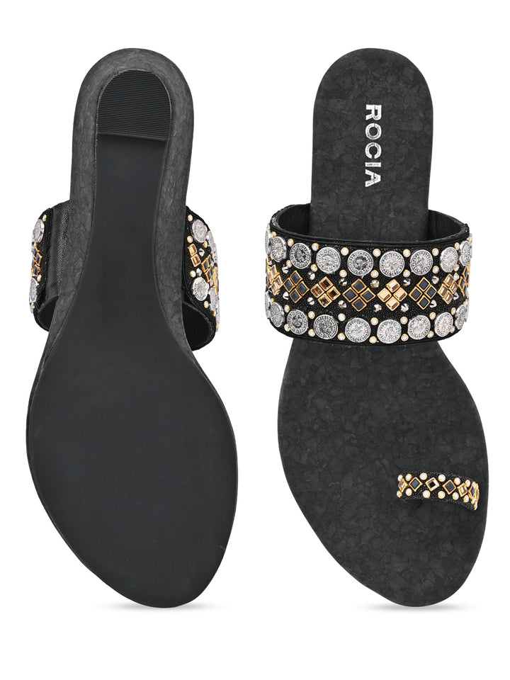 Rocia By Regal Black Women Hand Embroidered Ethnic Wedges