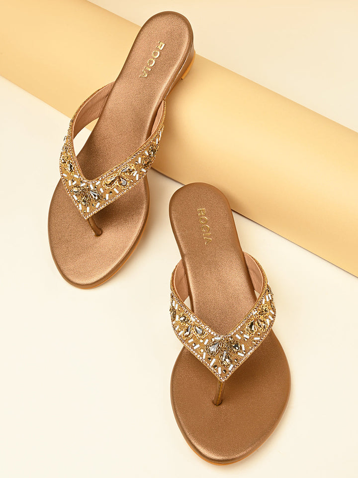 Rocia By Regal Antique Gold Women Embroidered Wedge Heels