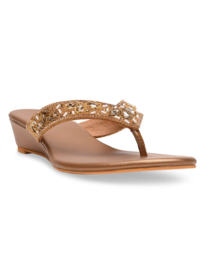 Rocia By Regal Antique Gold Women Embroidered Wedge Heels