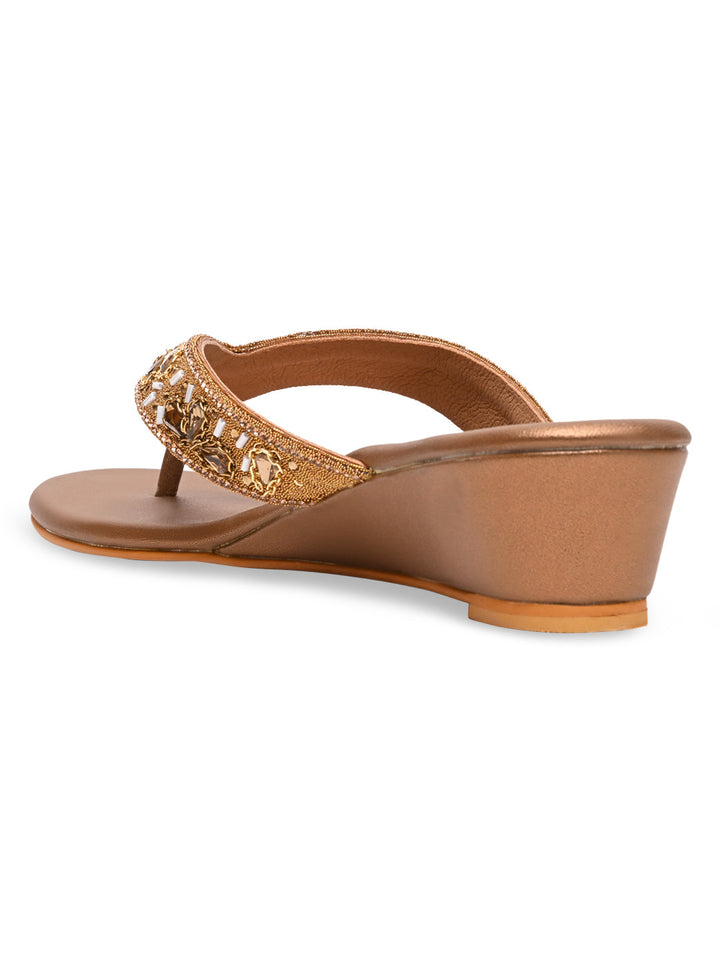 Rocia By Regal Antique Gold Women Embroidered Wedge Heels
