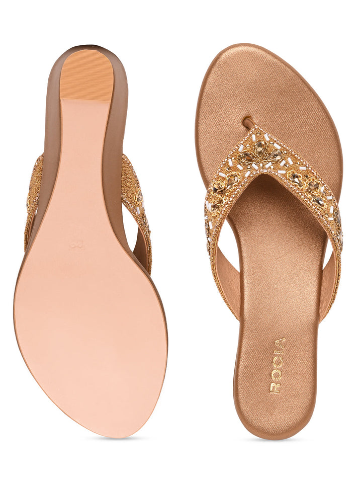 Rocia By Regal Antique Gold Women Embroidered Wedge Heels