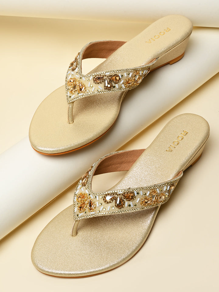 Rocia By Regal Gold Women Embroidered Wedge Heels