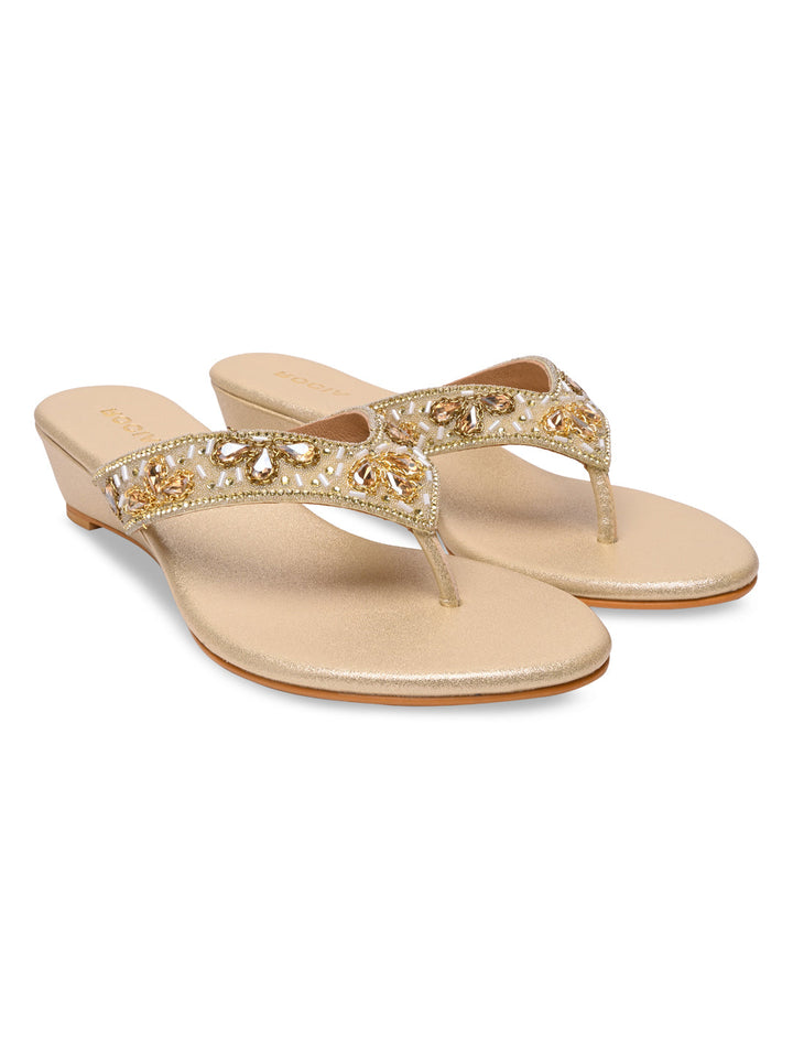 Rocia By Regal Gold Women Embroidered Wedge Heels