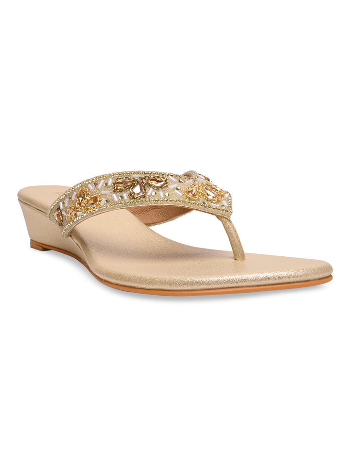 Rocia By Regal Gold Women Embroidered Wedge Heels