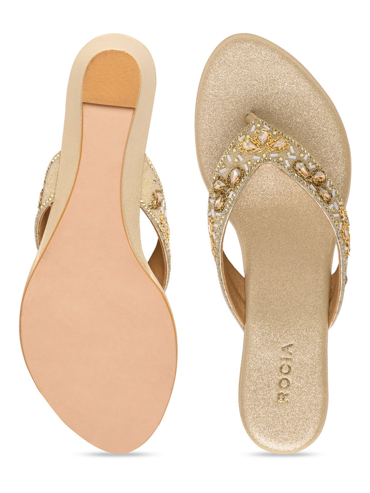 Rocia By Regal Gold Women Embroidered Wedge Heels